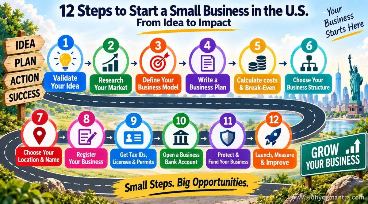 Twelve-step roadmap for starting a small business in the United States.