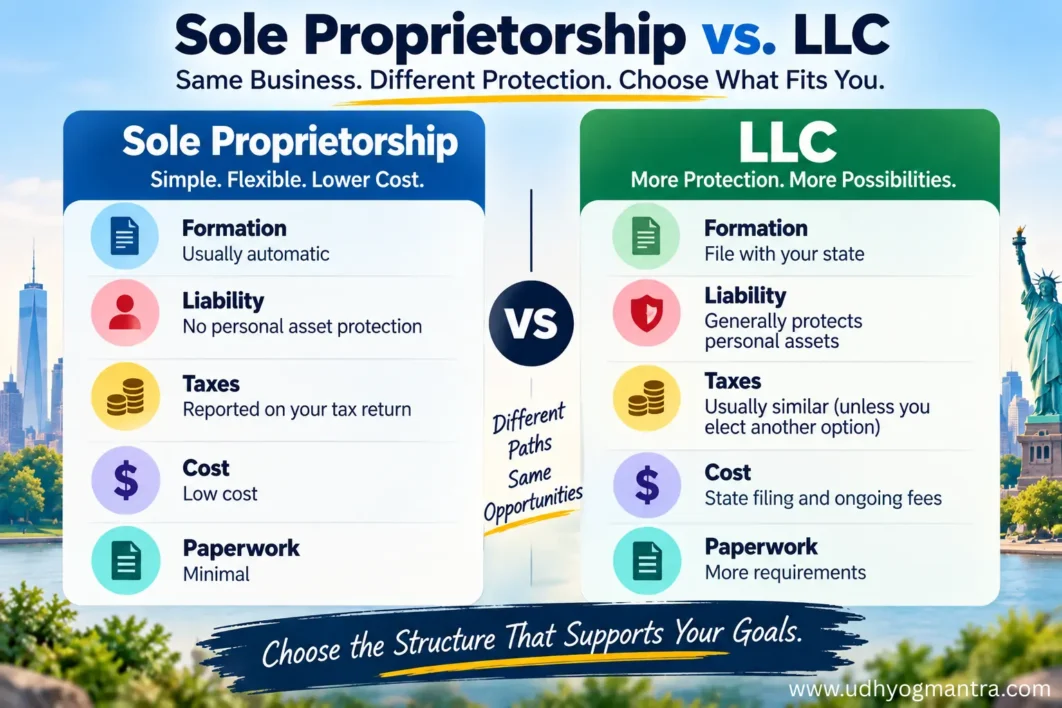 LLC vs. sole proprietorship comparison of liability, taxes, costs and paperwork.