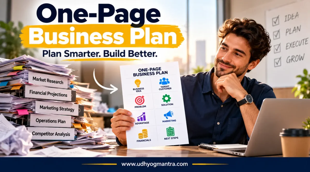 Entrepreneur creating a one-page business plan for a small business.