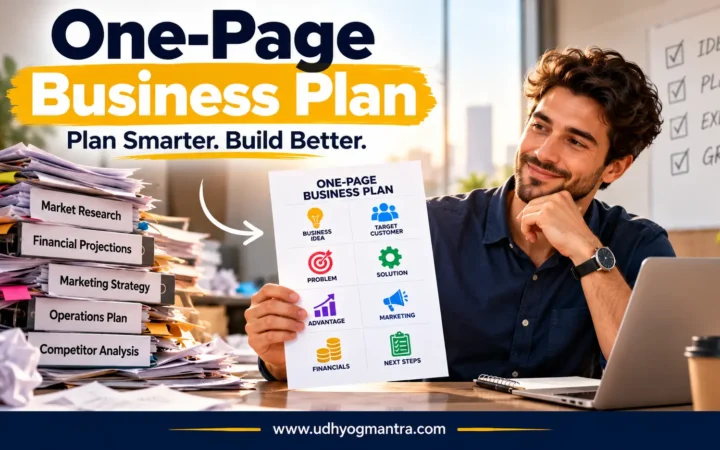 Entrepreneur creating a one-page business plan for a small business.