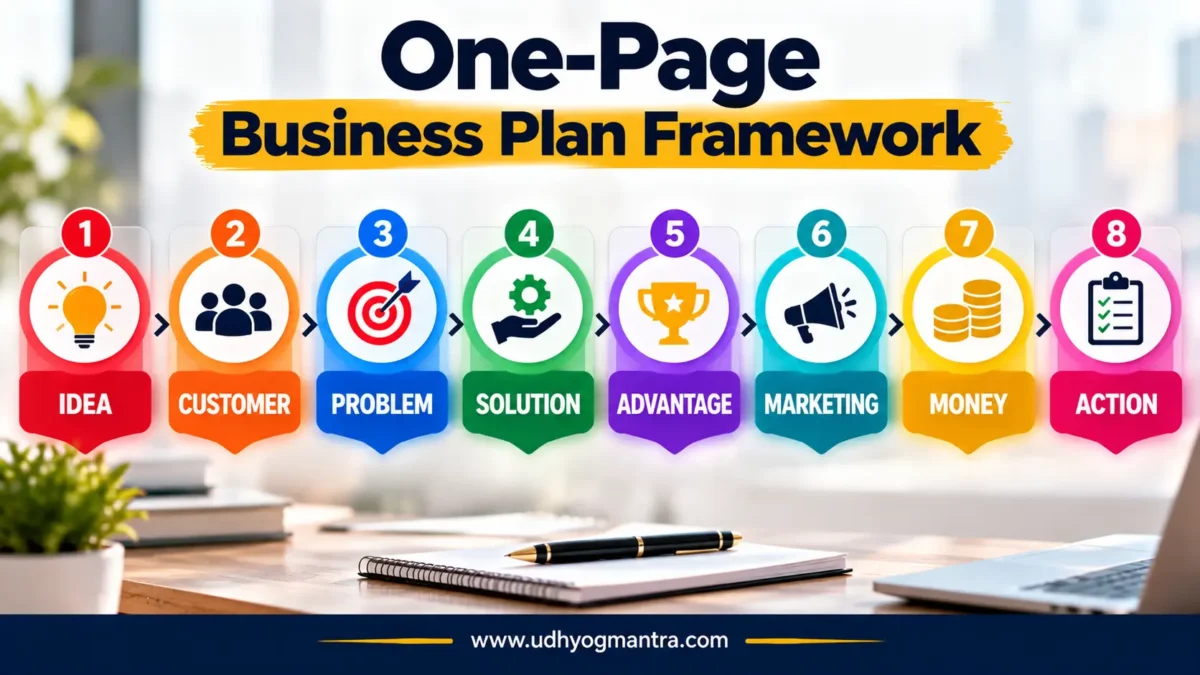 Eight essential sections of a one-page business plan.