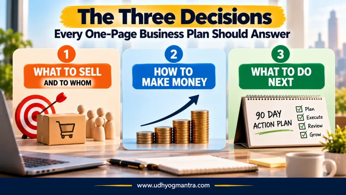  Three decisions every one-page business plan should explain.
